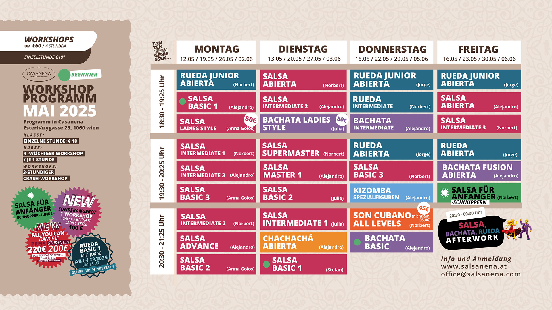 Salsanena Wien - Professionelle Tanz-Workshops für Anfänger, Fortgeschrittene und Profis - Workshop Programm